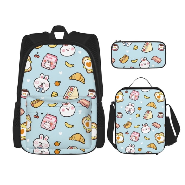 Easygdp Rabbit Burger Coffee Mochila para Niños y Niñas con Set de Caja de Almuerzo y Estuche para Lápices 3 en 1, Mochila Escolar Estampada para Adolescentes