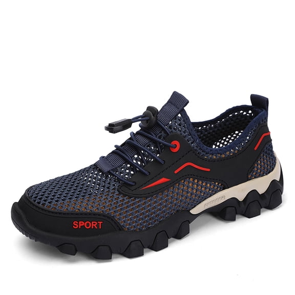 Men's Gray Black Contrast Mesh Hiking Sneakers, Rugged Thick Sole Anti Slip Outdoor Trekking Shoes