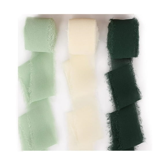 Cream Green Chiffon Ribbon 3 Rolls 1.77x 197 in for Christmas Gifts Bouquet Wrap/Bow Making/Wedding Invitations
