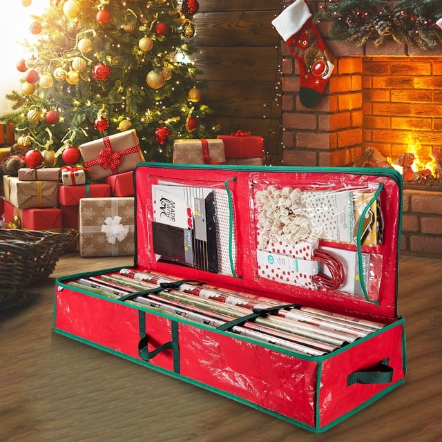 Staron Christmas Wrapping Paper Storage Bag, 41" Durable PE Gift Wrapping Organizer Storage Wrapping Paper Storage Containers with Flexible Partitions for Ribbon, Accessories