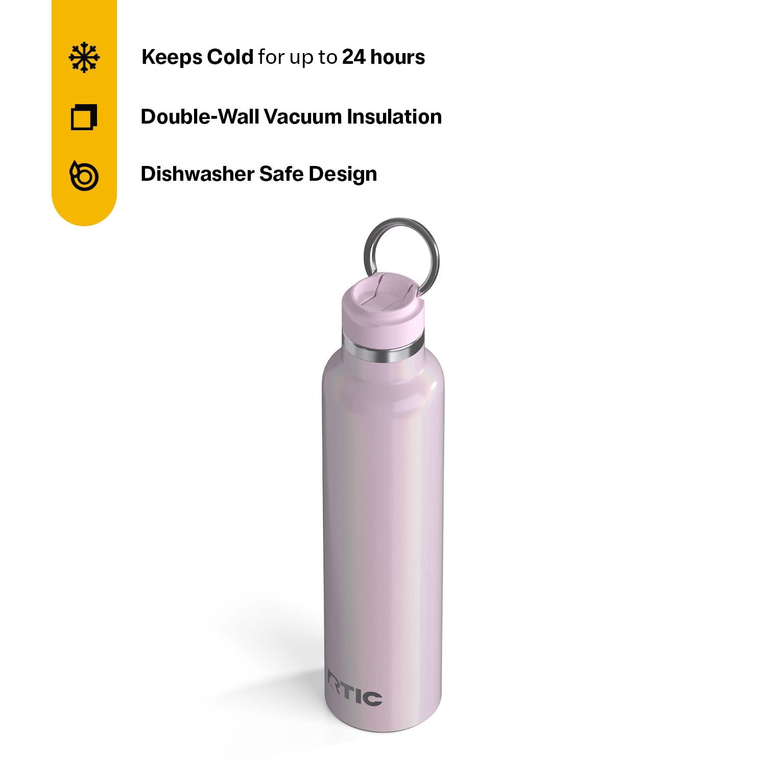 RTIC 26 oz Ceramic Lined Insulated Journey Water Bottle, Leak-Proof Lid, Pale Pink Glitter
