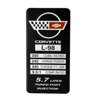 C4 Corvette 1988-1989 L98, 245 HP, 340 TQ Engine ID Spec Metal Data Plate Emblem