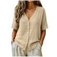 thumbnail image 3 of Women's Loose Fit V Neck Button Short Sleeve Solid Color Cardigan Sweater Casual Tops Comfy Lightweight Outfits | CSEONE,Khaki L, 3 of 8