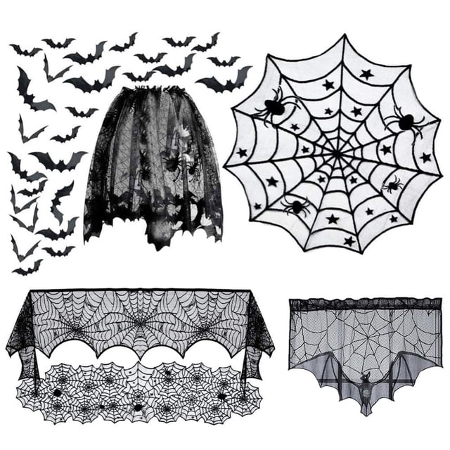 Accesorios De Fiesta De Halloween Mantel De Encaje Tela De Araña Negra Cortina De Ventana Pegatina De Murciélago Para La Decoración De Halloween Serendint HA037427-00