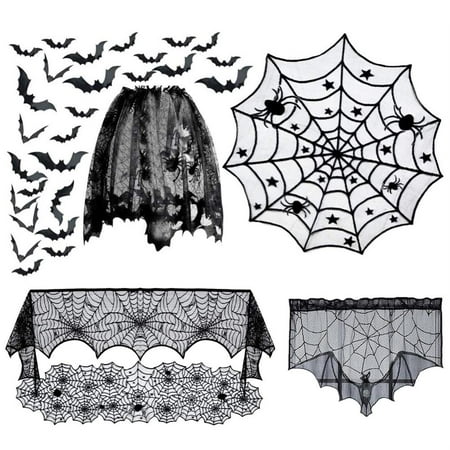 

Halloween Party Props Lace Tablecloth Black Spider Web Window Curtain Bat Sticker for Halloween Decor