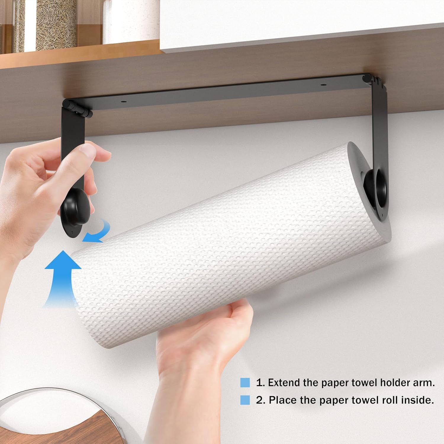 Paper Towel Holder Under Cabinet, Wall Mount Towels for Kitchen Counter, Self Adhesive and Drilling, Heavy-Duty Hanging Roll Inside Cabinet Door, Black