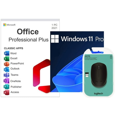 Microsoft Windows 11 Professional OEM 64 Bit DVD & Office 2021 Pro Plus DVD & Wireless Logitech Mouse, 3PK