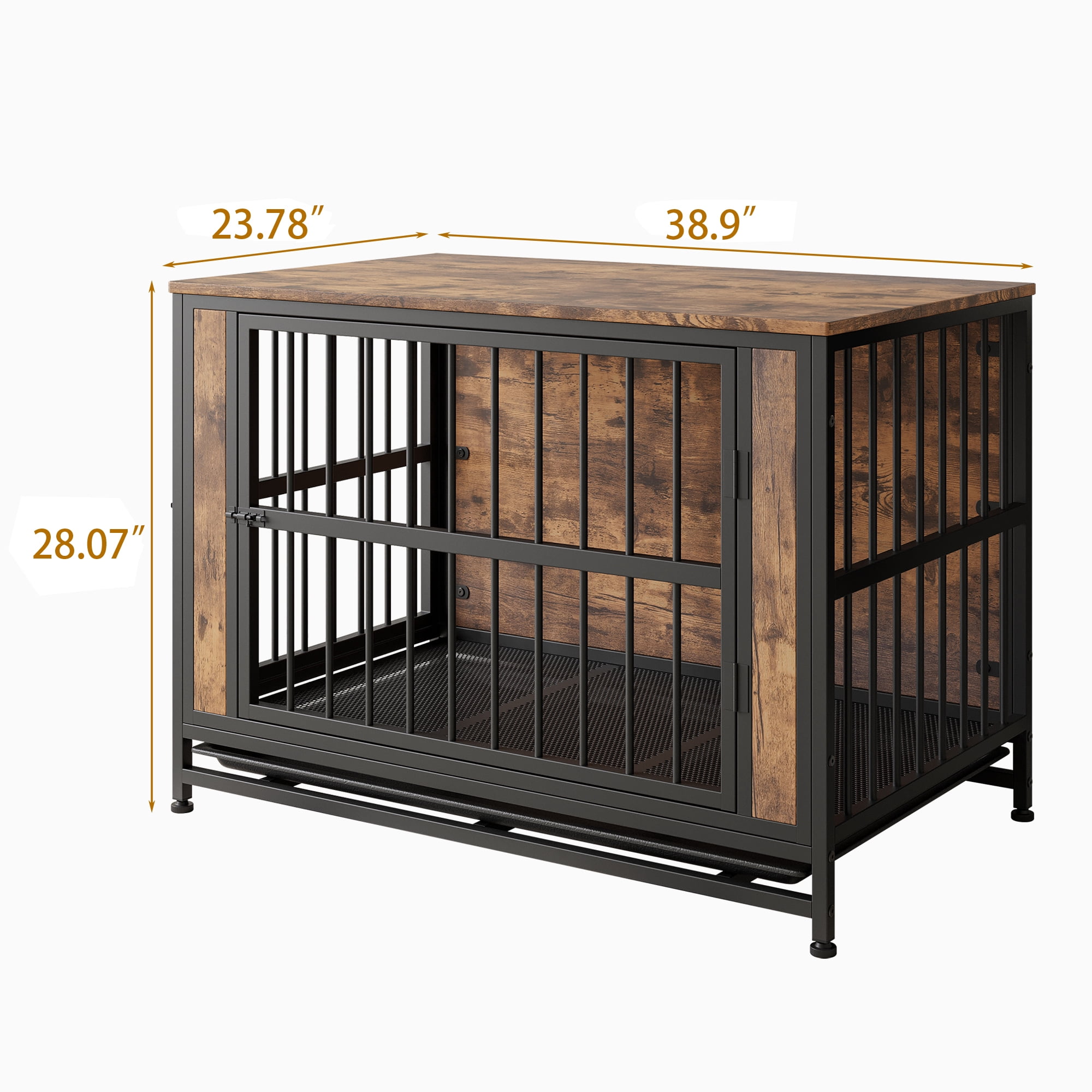 Dog Crate Furniture, Wooden Dog Crate Table, 38.9" Dog Kennel with 2 Sliding Doors and Thick Iron Door Frame, Decorative Pet Crate House