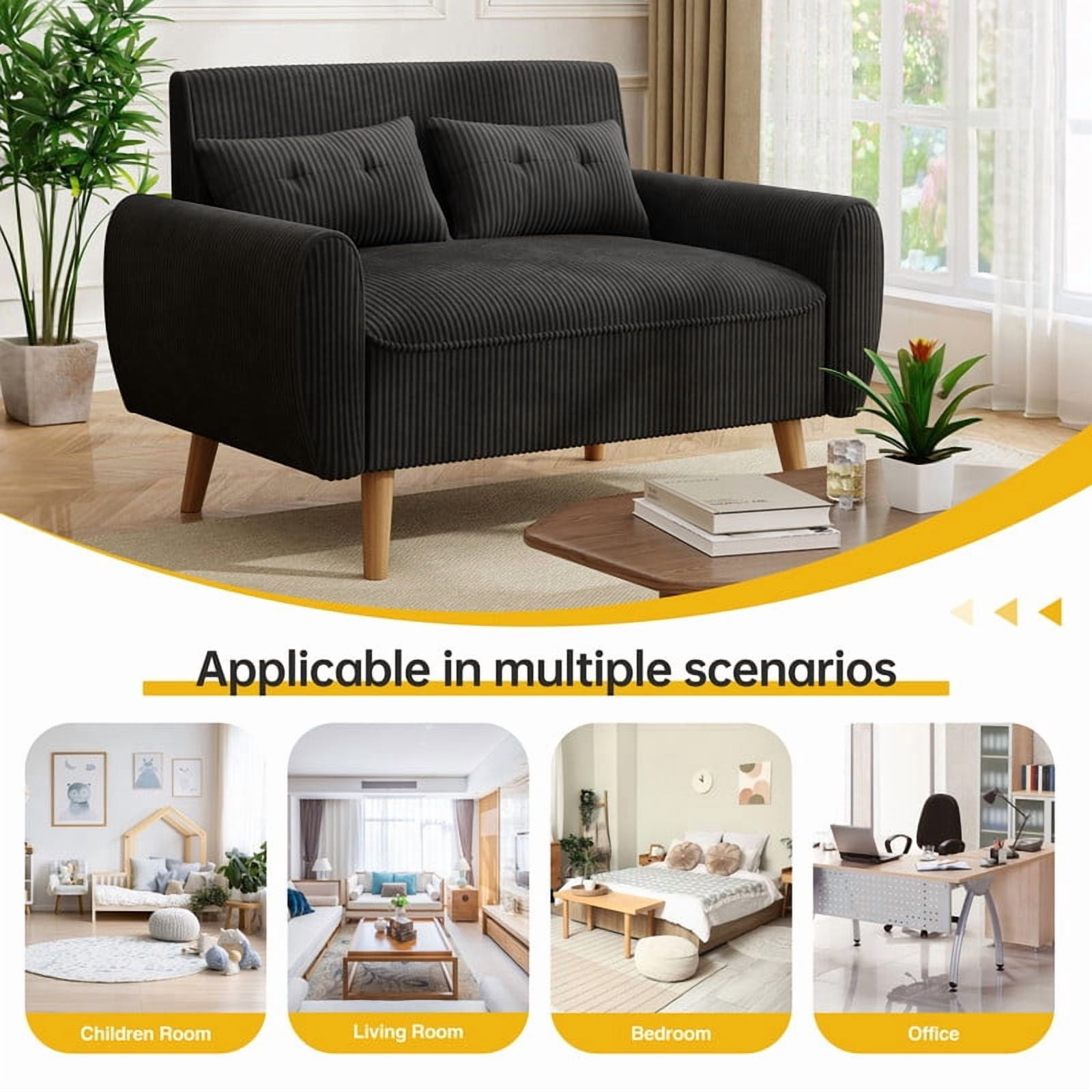 Sobaniilo 47" Small Modern Loveseat Sofa, Mid Century Linen Fabric 2-Seat Sofa Couch Tufted Love Seat with Back Cushions and Tapered Wood Legs for Living Room, Bedroom and Small Space (Black)