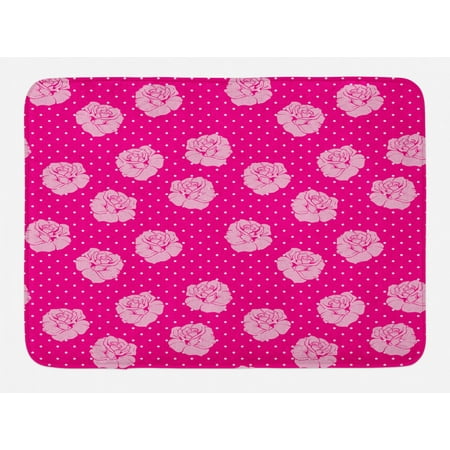 Hot Pink Bath Mat Vintage Pale Pink Roses On White Dotted Hot
