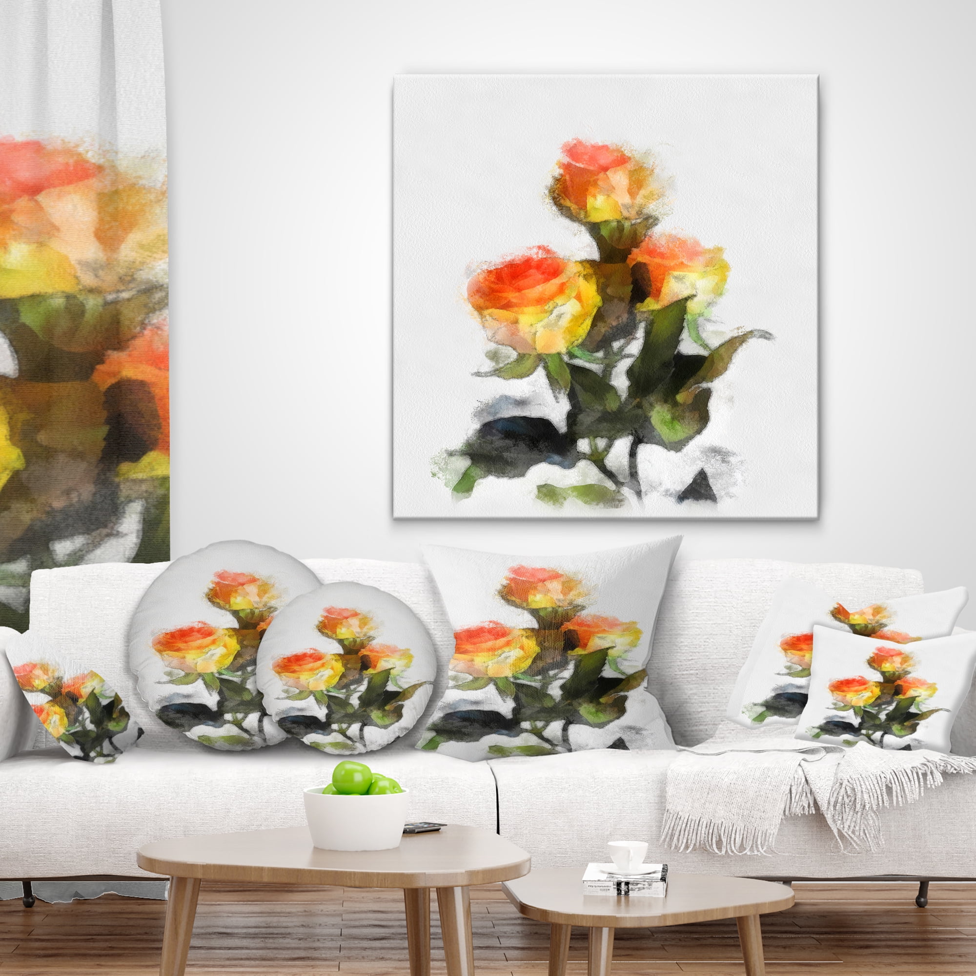 Designart Hand drawn Yellow and Red Roses - Floral Throw Pillow - 12x20