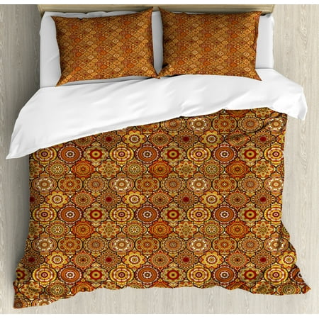 Vintage Style Bedding Sets Moroccan Duvet Cover Set, Vintage Hand Drawn Style Ottoman Figures Ancient Trellis Floral Motifs, Decorative Bedding Set with Pillow Shams, Orange Yellow Brown, by Ambesonne ()