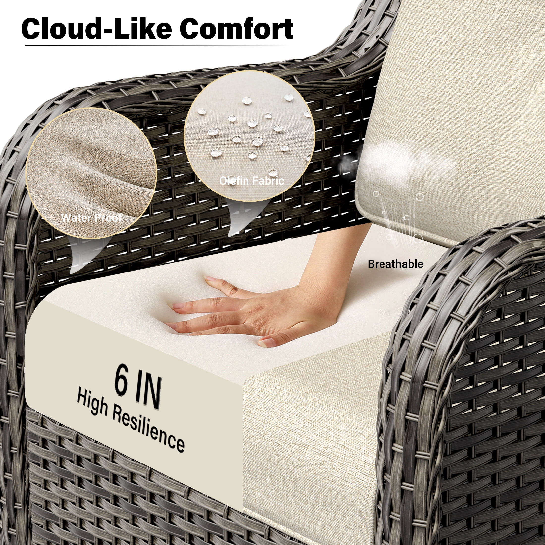 MeetLeisure 5 Piece Wicker Patio Furniture Set, 2 Swivel Rocker Chairs, 2 Rattan Armchairs, 1 Side Table, High Back, Deep Seating, Thick Cushions for Deck Porch, Beige