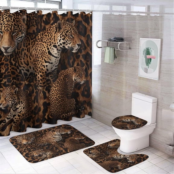 Leopard in Pink Curtains Shower Curtain Sets with Rugs for Bathroom 4 Piece, Bathroom Shower Curtain Set with Non-Slip Rug, Toilet Lid Cover, Contour Mat and 12 Plastic Hooks