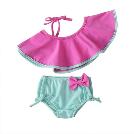 

Fesfesfes Toddler Grils Baby Summer Bikini Solid Color Ruffled Swimwear Girls Halter Neck Two-piece Swimsuit
