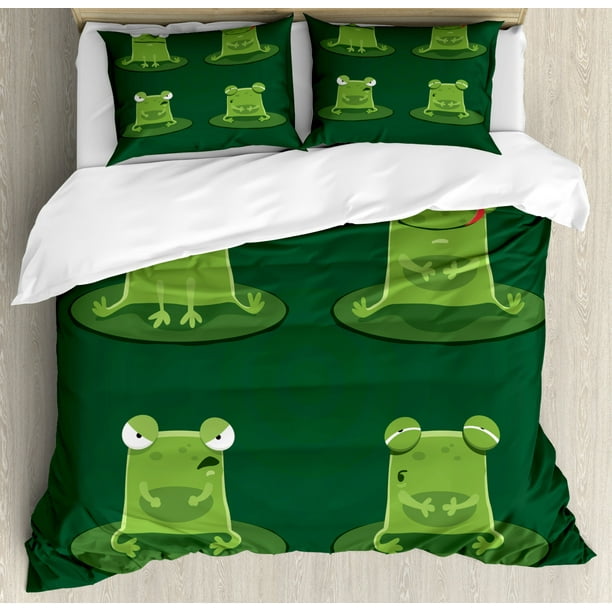 Funny Duvet Cover Set, Funny Muzzy Frog on Lily Pad in Pond Hunting