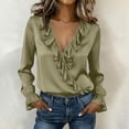 thumbnail image 2 of BLVB Women's Long Sleeve Tops Dressy Casual V Neck Ruffle Tunic Satin Blouse Fall Trendy Business Work Shirts, 2 of 7