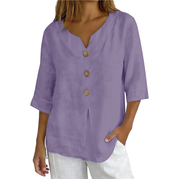Enjoytime 3/4 Sleeve Tops for Women Solid V-Neck Button Down Blouse Fashion Business Casual Shirts Summer Spring Clothes