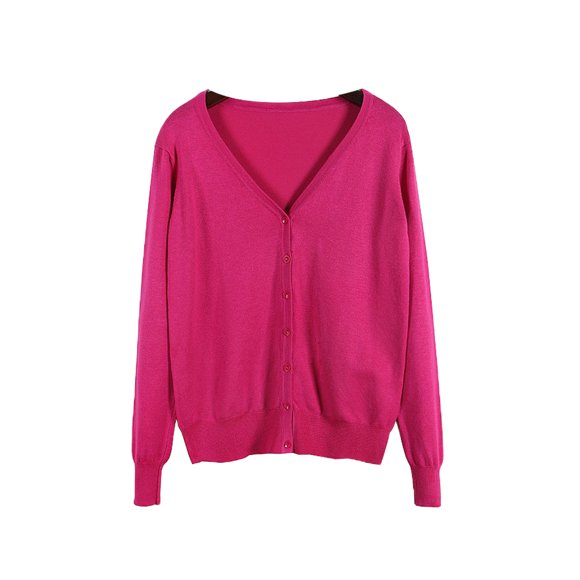 Daeful Ladies Outwear V Neck Coat Fall Solid Color Loose Cardigan Sweater Rose Red L