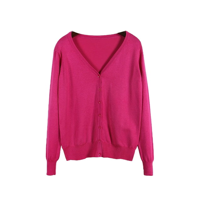 LUXUR Ladies Cardigan Sweater Solid Color Outwear V Neck Coat Single-breasted Jacket Long Sleeve Rose Red L