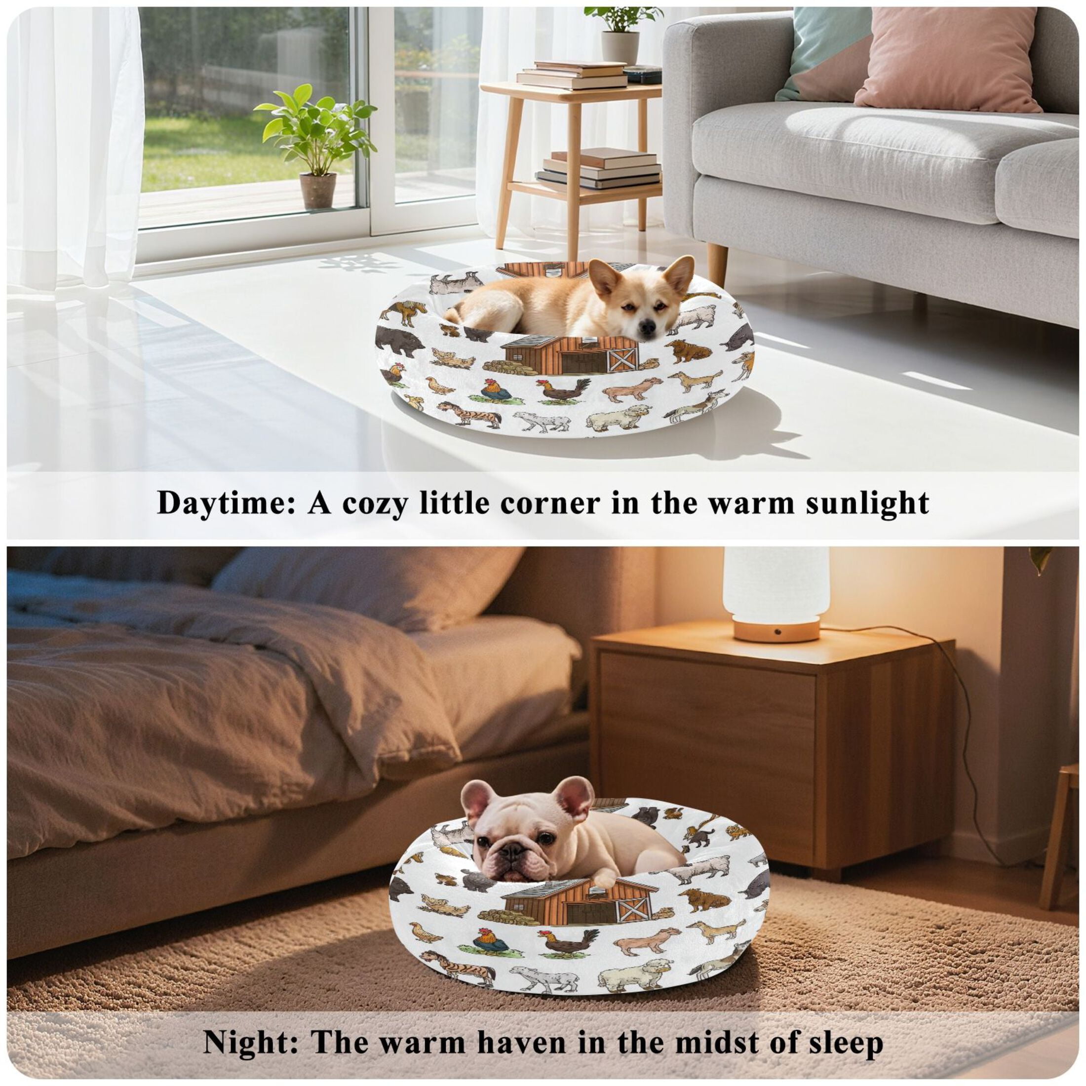 Iauyy Pet Couch Donut Cat Bed for Indoor Cats/Small Dogs Washable & Machine with Non-slip Bottom Calming Cat Furniture, 30 Farm Animals (M)