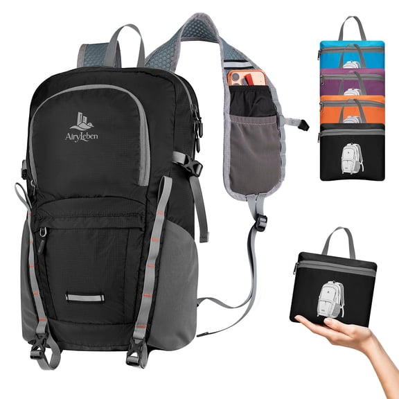 20L Small Hiking Backpack for Women Men, Lightweight Packable Day pack, Foldable Daypack for Camping, Cycling, Travel (Black)