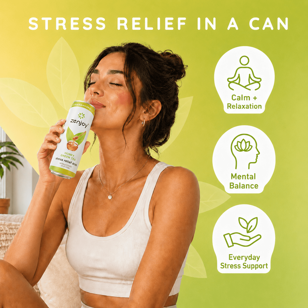 Zenjoy Stress Reief Drink, Calming Green Tea, Non Alcoholic, Ashwagandha & Lemon Balm for Stress Relief, L - Theanine for Focus (12 Pack) (Honey)