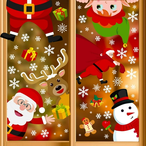 90shine 314 Pcs Décorations de Noël Autocollants de Fenêtre - Xmas Flocon de Neige Père Noël Elf Renne Gnome Décalcomanies, Fournitures de Fête d'Hiver, 12 Feuilles