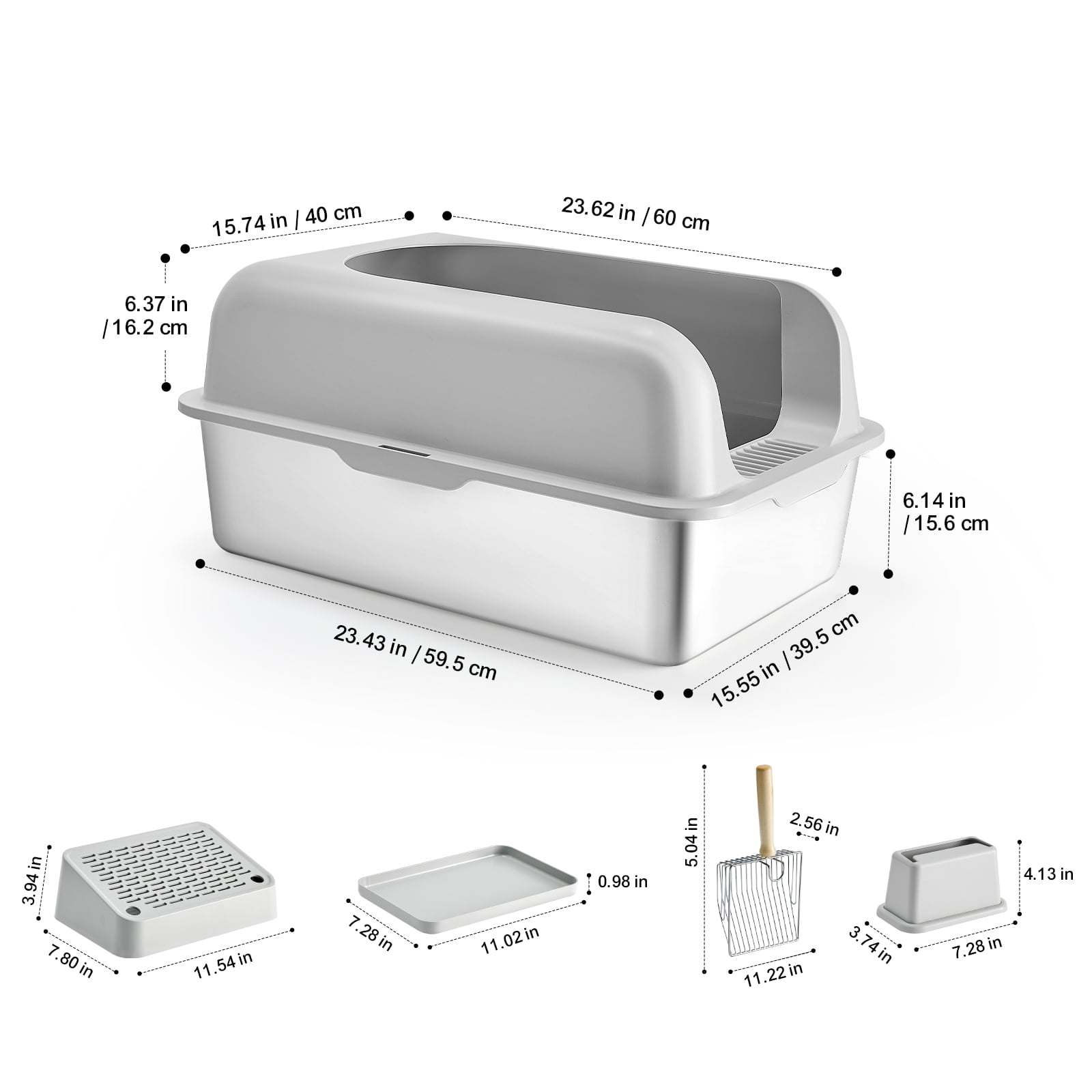 VEVOR Cat Litter Box, 6 inches Deep, XL Extra Large Stainless Steel Cat Litter Box with Scoop, Wide Filtering Foot Board & High Sides, Enclosed Odor-Free Easy-to-Clean Litter Box, Fit for Big Cats