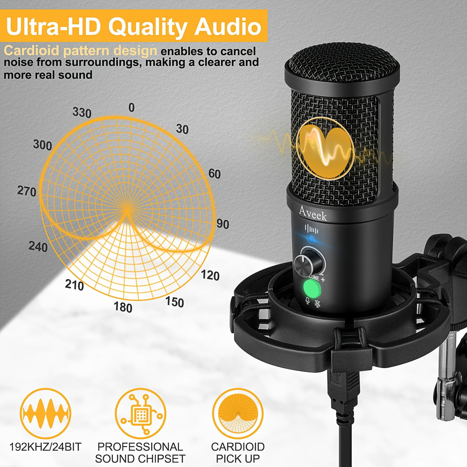 Professional USB Condenser Microphone Kit with Boom Arm, Pop Filter, Noise Reduction, 192kHz/24bit for Streaming, Podcast, Gaming, PC/Mac
