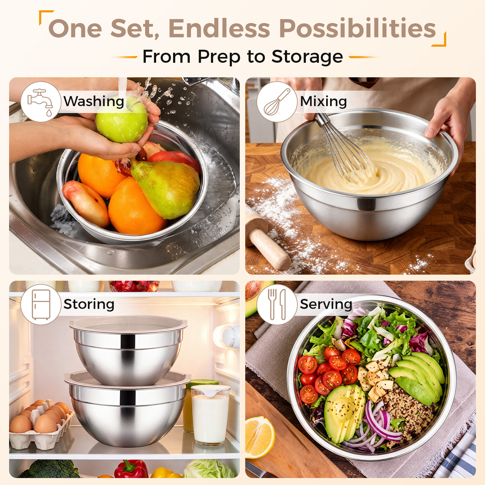 Walchoice 6-Piece Stainless Steel Mixing Bowl Set with Lids photo 5