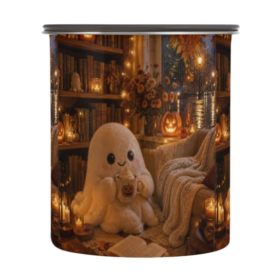 Stainless Steel Food Storage Canister Airtight Vacuum Seal Container with Silicone Gasket Cozy Halloween-themed Pattern 900ml