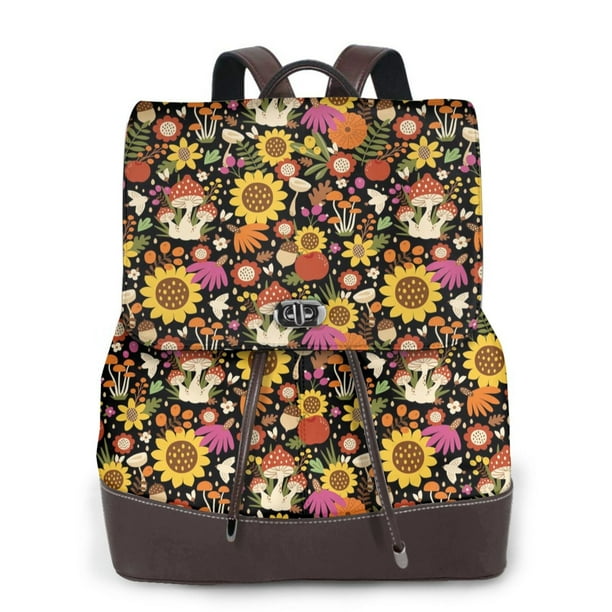 Fotbe Sunflowers Mushrooms Mochila Bolso con Estampado para Mujer, Mochila Antirrobo de Nylon Impermeable, Bolsa Ligera de Hombro