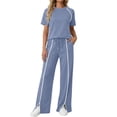 thumbnail image 3 of QATAINLAV Two Piece Sets for Women Summer Workout Outfits Mock Neck Short Sleeve Tees Tops and Side Slits Wide Leg Pants Matching Sweatsuit Blue S, 3 of 8