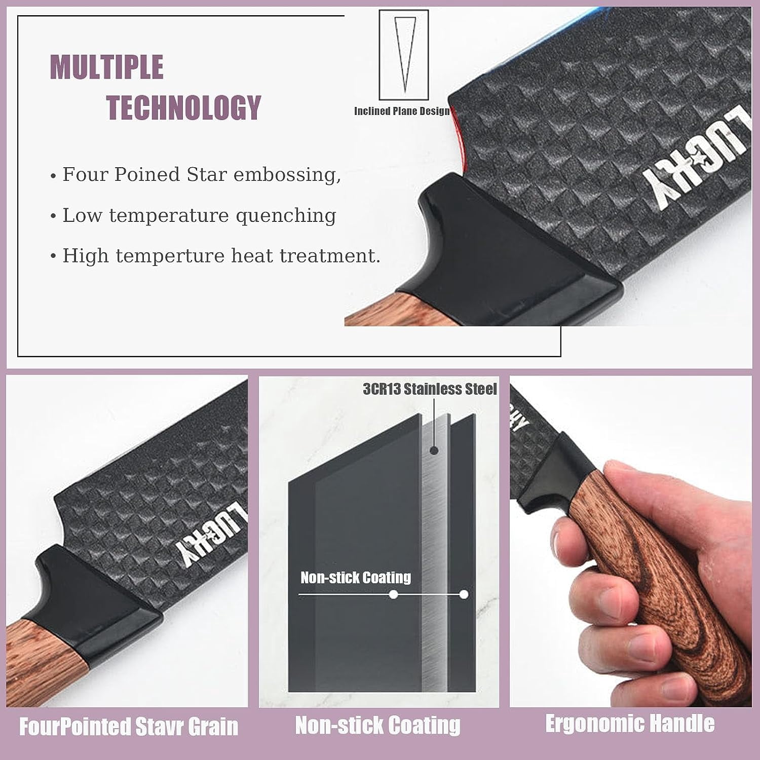 Kitchen Knife Set, 6-Piece Black Cooking Knife Set with Star Grain Blade, Sharp Stainless Steel Chef Knife Set Contains Round Knife Storage, Knives, Scissors for Home Kitchen