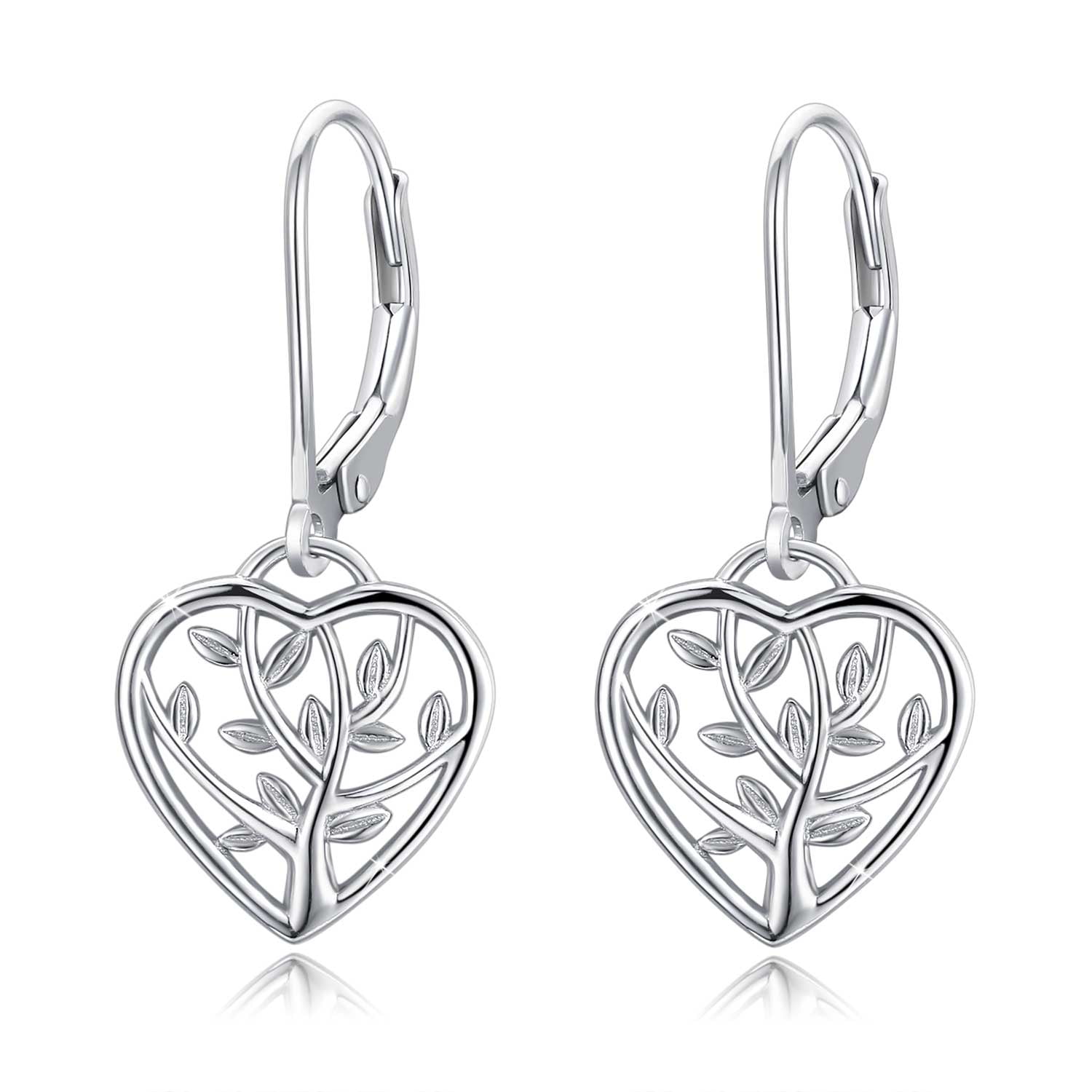 CLIP ON Big Heart Earrings Dangle with Brushed Silver Tone Finish Drop