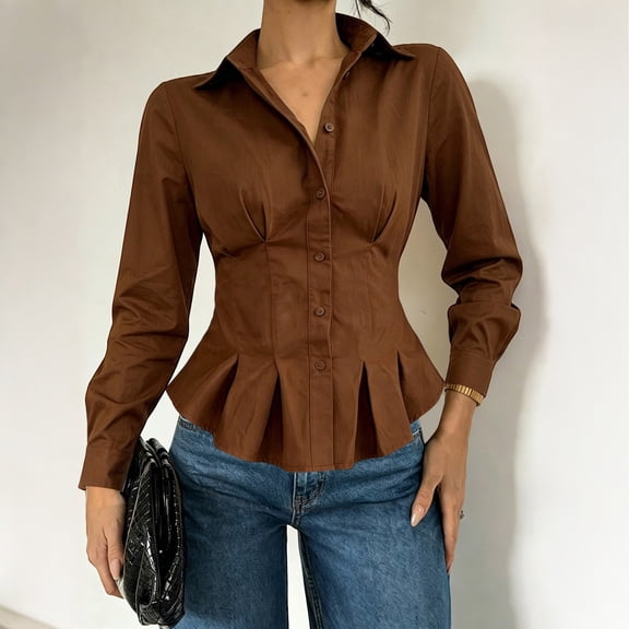 Hurxie Waist Tops for Women Wrap Top Fitted Button Down Shirt Wrap Top Long Sleeve Blouse Casual Outfits