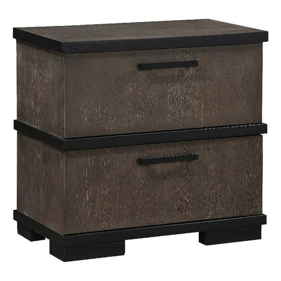 Acy Nightstand- 2 Drawers- Brownish Gray and Black Wood- Bar Handles