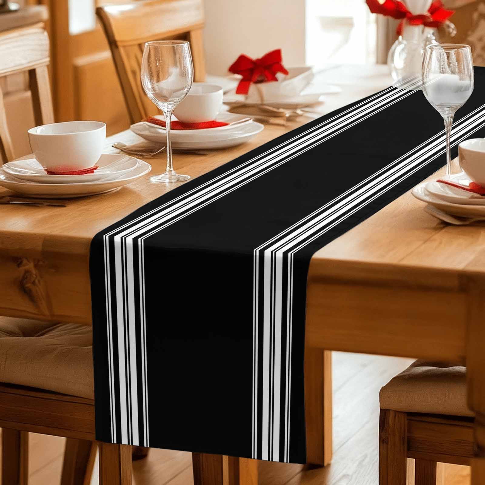 Black Striped Table Runner, Farmhouse Black White Stripes Washable Cotton Linen Table Runners 120 Inches Long, Dresser Scarf Runner for Dining/Living Room/Kitchen/Square Tables 13''x120''