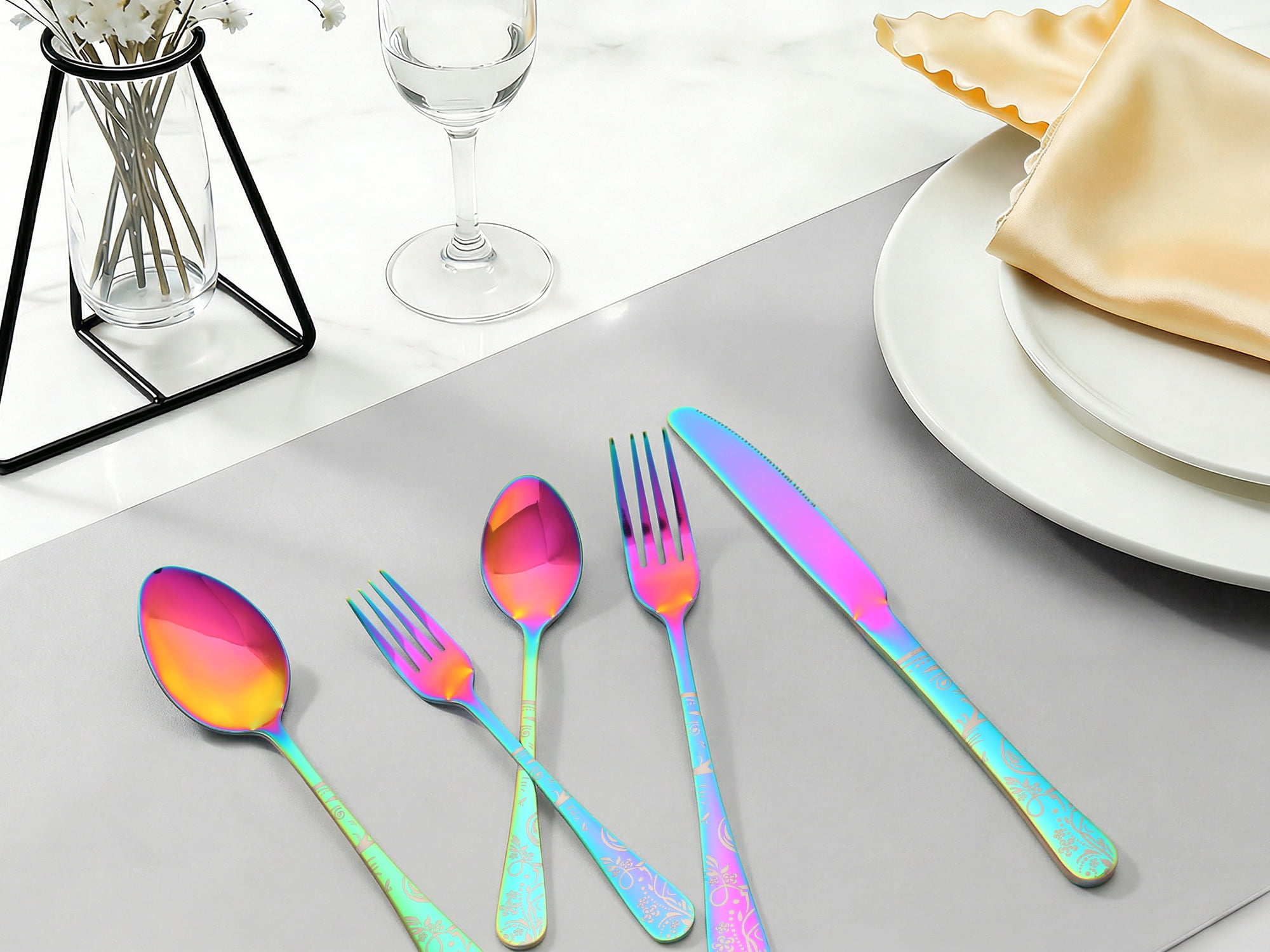 Unique Bargains 20 Piece Stainless Steel Floral Flatware Silverware Set for 4 Colorful