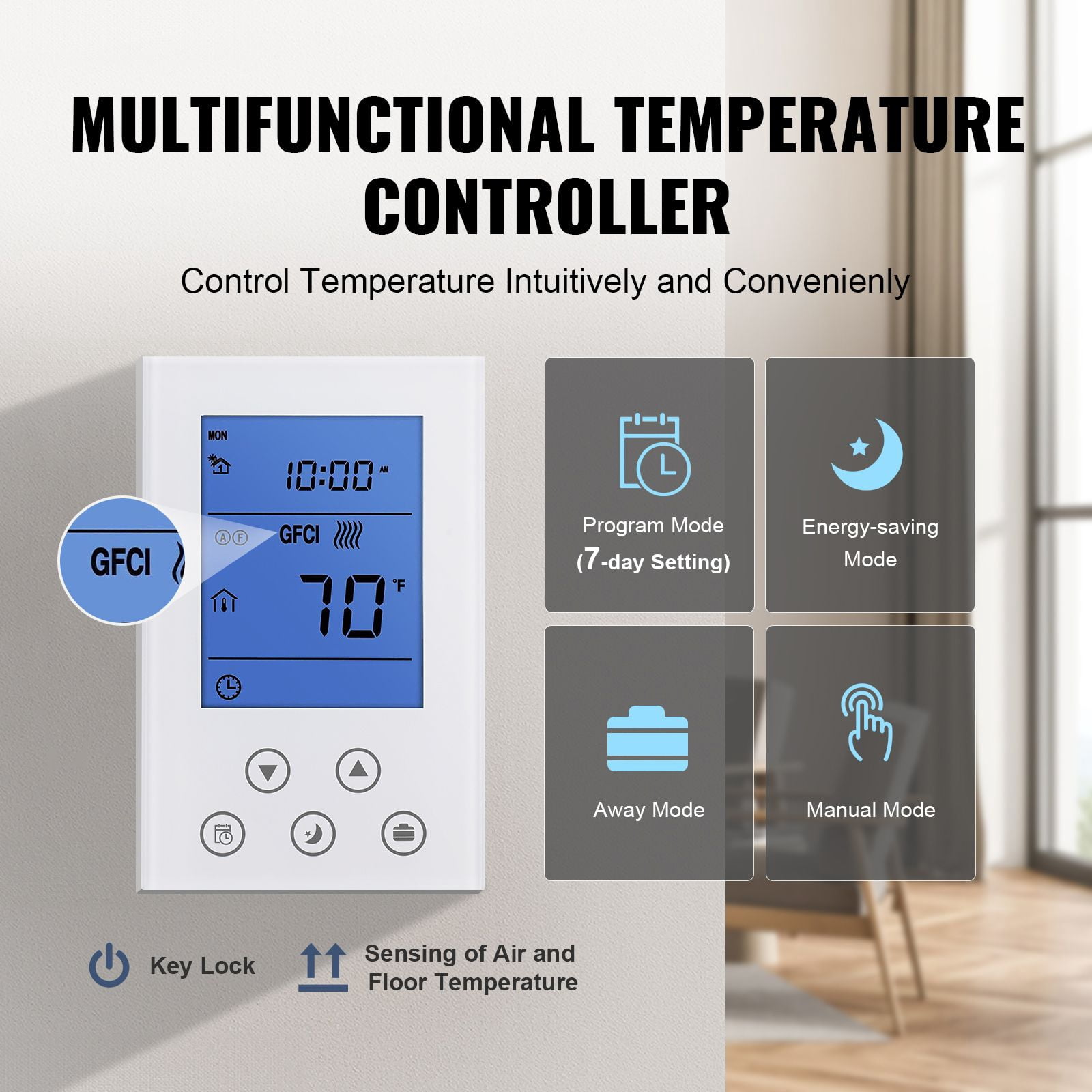 Underfloor Heating Mat 10 sq ft 1.6x6.5 ft 2" Spacing with Programmable Thermostat GFCI for Tile Laminate Floor