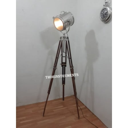 Hollywood Unique Floor Lamp Chrome Focus light Vintage Style Wooden Tripod Stand Décor