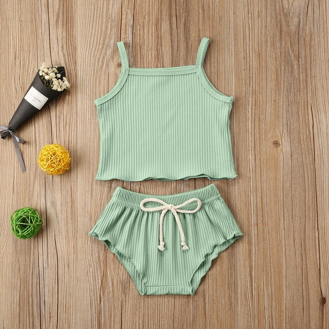 2020 Summer Baby Girl Vest Top Suit Shorts Solid Color Vertical Stripes Elastic Waist Drawstring Bow Clothing Set