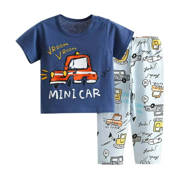 ZACPNCV Toddler Boys Pajamas Set Kids Pjs Short Sleeve Sleepwear 2 Piece Round Neck Top Capri Pants Loungewear Summer Outfits Blue 3-4 Years