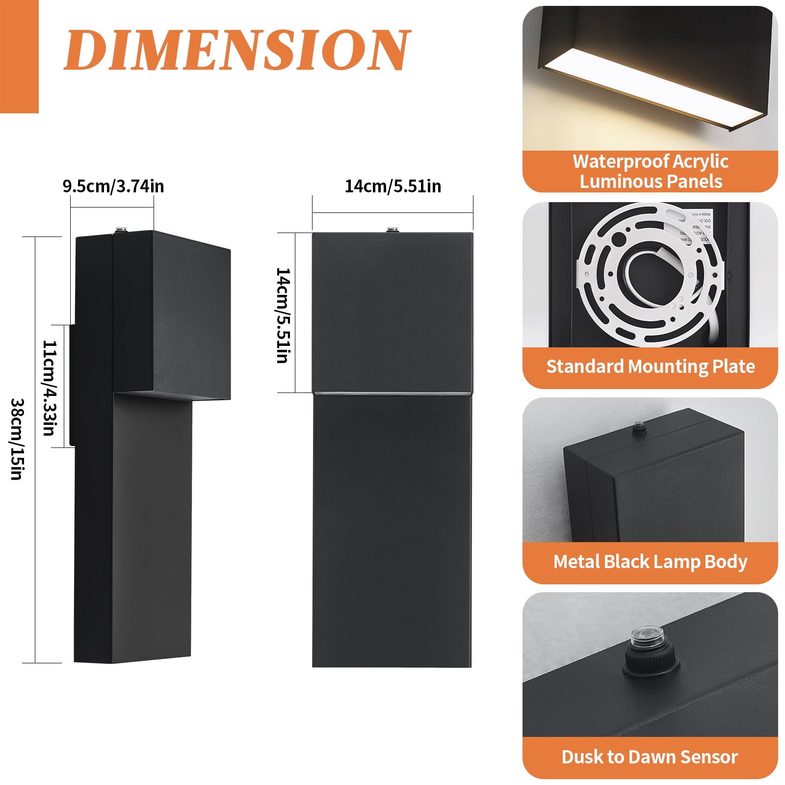 Modern LED Outdoor Wall Sconce, 15'' 20W Outdoor Light Fixtures Exterior Wall Lights, Black LED Front Porch Lights Outside Wall Mount Lighting for House, Backyard, Warm White 3000K, 2 Pack