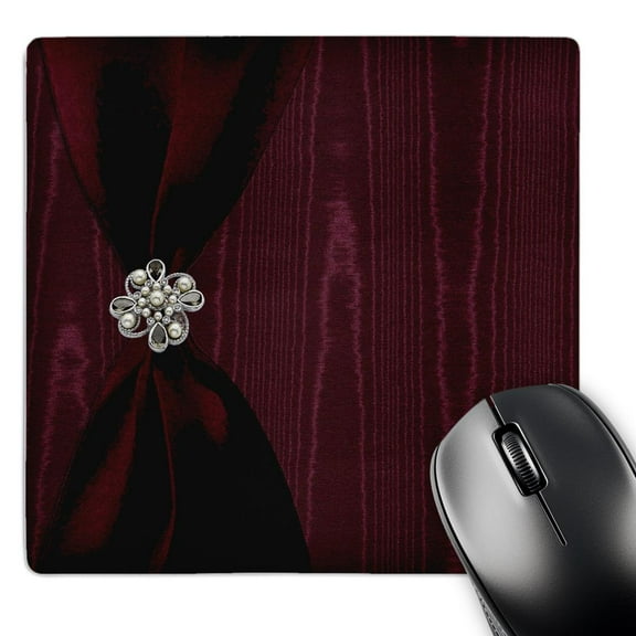 3dRose, Red Satin Ribbon with Jewel on Moire, MousePad
