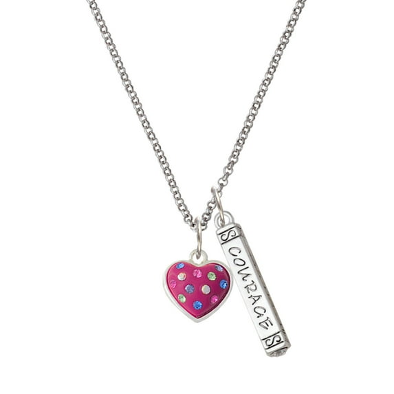Delight Jewelry Silvertone Hot Pink Resin Heart in Frame Silvertone Courage Strength Wisdom Honesty Bar Charm Necklace, 23"