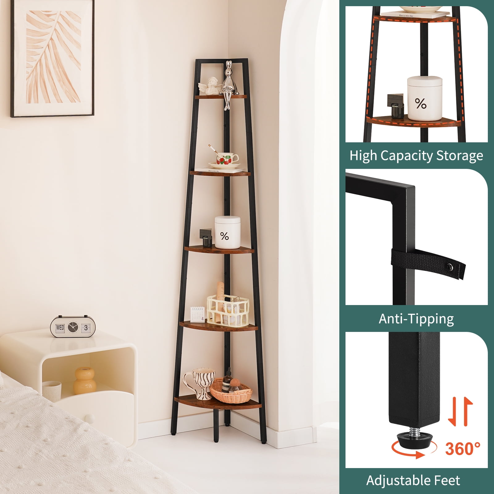 Yoobure 5 Tier Ladder Corner Bookcases, Wood Brown
