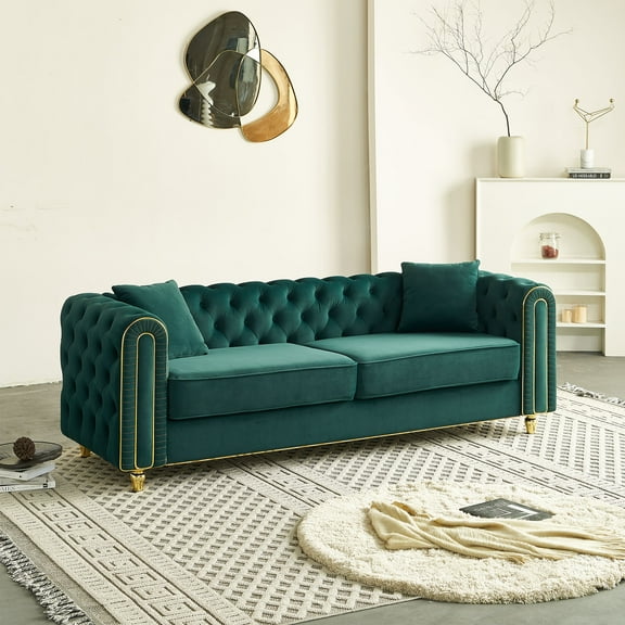 86"W Luxury Modern Tufted Sofa with 2 Toss Pillows, Upholstered 3-Seater Couch for Living Room or Bedroom, Comfortable and Stylish Seating for Home or Apartment Use (Green)