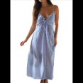 thumbnail image 1 of Vestido de Verano con Cuello en V para Mujer, A Rayas, Estilo Bohemio, para Playa, con Tirantes Finos y Lazo en la Espalda. Azul L, 1 of 10